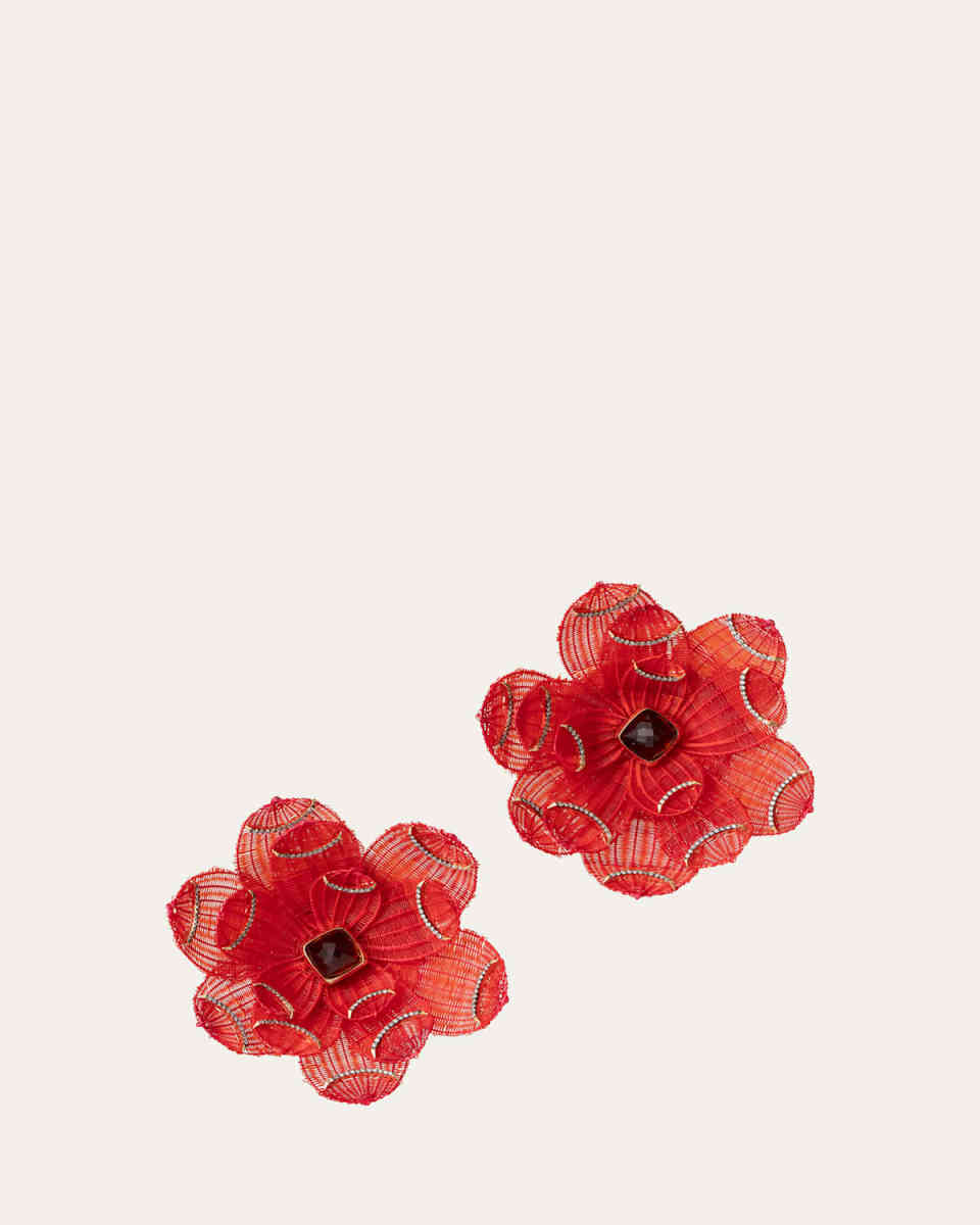 18K Yellow Gold Horse Mane Flower Earrings with Diamonds and Kunzite